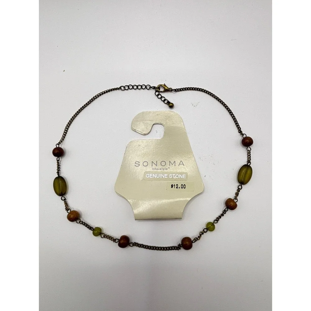 Sonoma Life + Style Green Genuine Stone and Wood Bead Brass Tone Necklace 15